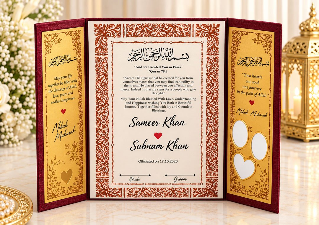 Personalized 3-Side Nikah Nama with Pen