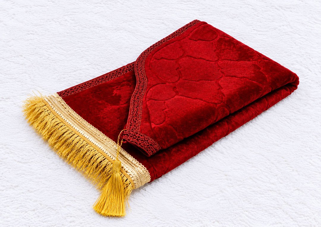 Ruby Red Islamic Kids Prayer Mat with Elegant Dome Arch Design - Image 2