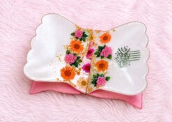 Floral White Rehal with Pink Base and Arabic Calligraphy
