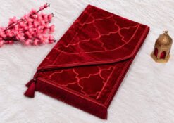Deep-Red-Velvet-Prayer-Mat,-Blossoms,-and-Lantern