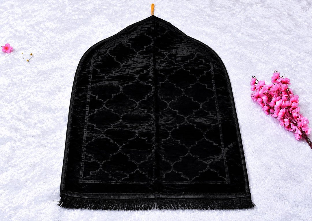 Elegant-Black-Velvet-Prayer-Rug-with-Pink-Blossoms